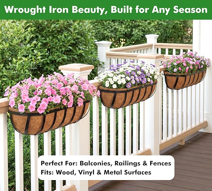 Y&M 2pcs 24 Inch Window Deck with Coco Liner, 24" Window Boxes Horse Trough with Coconut Coir Liner, Black Metal Hanging Flower Planter Window Basket Deck Railing Planter Boxes for Outdoor Indoor