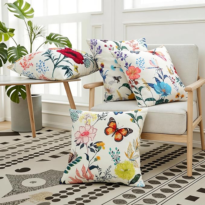 Premillow Outdoor Pillow Covers 18x18 Inch Set of 4, Spring Summer Flower Decor Throw Pillow Covers Outside Waterproof Pillow for Patio Furniture Bench Chair Couch Sofa