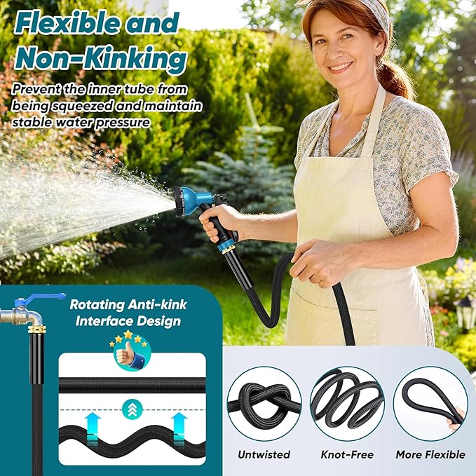 Garden Hose 100FT Non-Expanding, Lightweight Hose With 10-Function Nozzle, Leak-Proof, No-Knot, Easy to Carry, Wear-Resistant, Sturdy 3/4GHT Flexible Water Hose for Yard Garden Outdoor