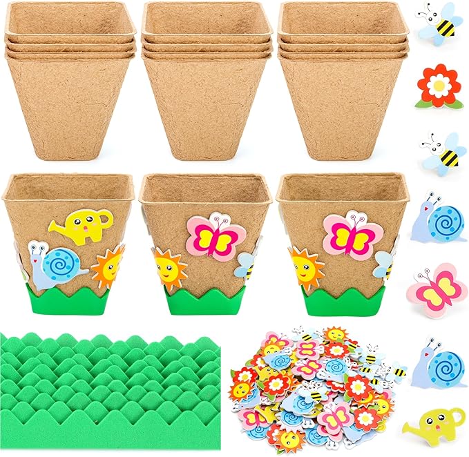 Ayfjovs Garden Paper Pot Craft Kit,15 Pack Square Paper Peat Pots with 105 PCS Adhesive Foam Stickers for Kids Science, Pre-School Craft, DIY Garden Kit, Classroom Decoration, Mother's Day