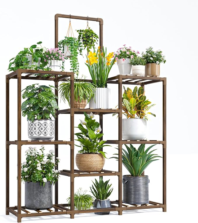 EnHomee Plant Stand Indoor Tall Plant Stand Outdoor Large Wood Plants Shelf with 10-12 Pots for Patio, Living Room, Garden, Balcony, 34.5" Wx47.3 Hx11.78 D