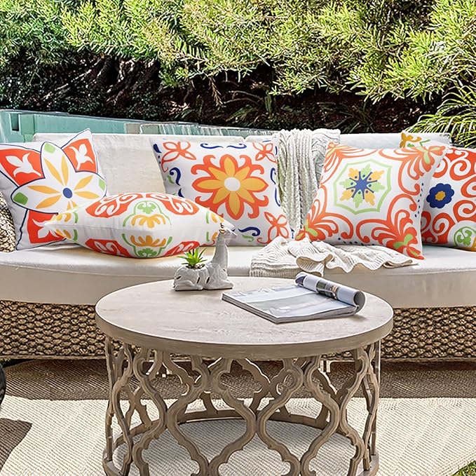 Pyonic Outdoor Waterproof Throw Pillow Covers for Patio Furniture Decorative Boho Pillow Covers 20x20 Floral Printed for Patio Tent Couch Garden Set of 4,Orange