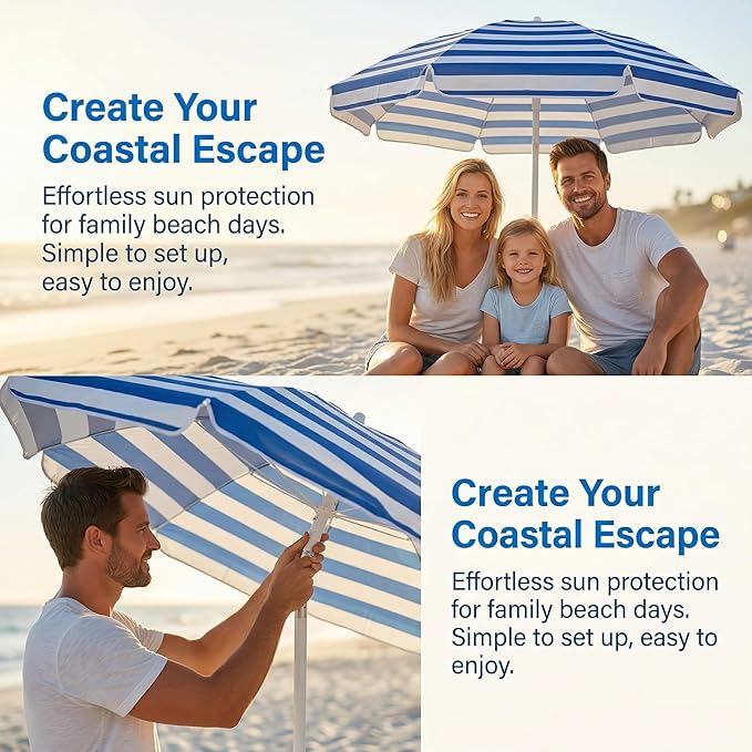 LOTTAFUN 6ft Beach Umbrella - Heavy Duty Wind Resistant UV 50+ Portable Sun Shade with Sand Anchor & Carry Bag, Outdoor Folding Umbrella for Beach, Pool, Patio, Garden (Blue strip)