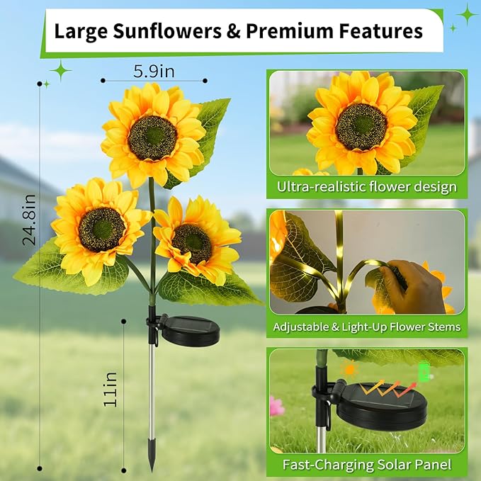 ILLUMINEW 6-Pack Solar Sunflower Garden Lights Outdoor 18 LED Flowers - Waterproof Long-Lasting Solar Patio Lights, Outdoor Decor for Lawn, Yard