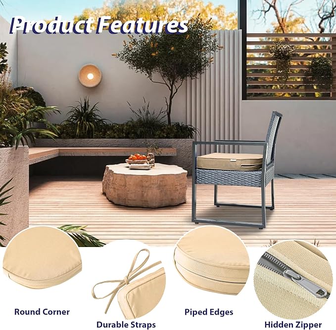 IPYNBAP Outdoor Chair Cushions Set of 4 -Waterproof Outdoor Seat Cushions for Patio Furniture, Patio Chair Cushion with Handle and Ties, Out Door Chair Pads,17x16x2-Round, Beige