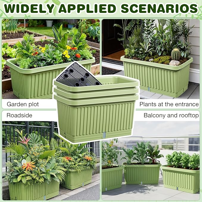 3 Pcs Large Planter Boxes Deep Rectangular Planter Boxes Outdoor Lightweight Plastic Planting Flower Pot with Drainage Holes Plant Pot for Patio, Courtyard, Lawn, Outdoor(Green,20 Inches)