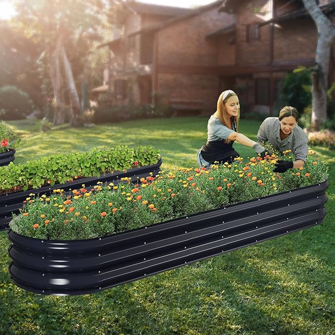 Winpull Raised Garden Bed Kit, 8x2x1 ft Galvanized Planter Box Outdoor, Oval Large Metal Raised Beds for Gardening Vegetables Flower Herb (Navy Blue)