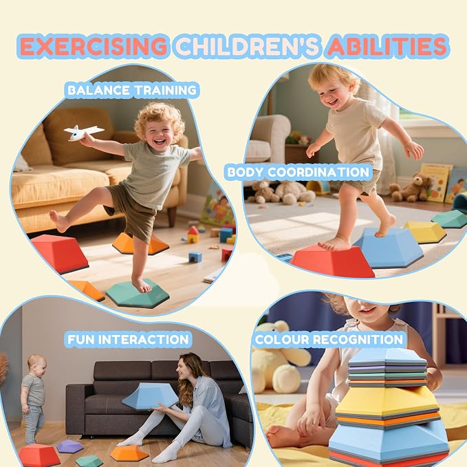 Kids Stepping Stones – 8 Piece Balance Blocks Set for Toddlers, Multicolor Balance Beam Path for Obstacle Course Play, Promotes Coordination & Motor Skills