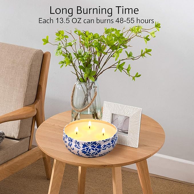 Hausware Citronella Candles Outdoor & Indoor - Large 13.5 oz Scented Candles Set 3 Pack Natural Soy Wax citronella Candles for Garden Patio Yard Home Balcony Camping Backyard (Light Blue)