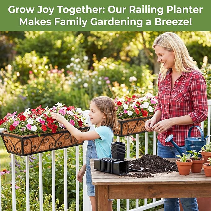 24 Inch Railing Planter Box 6 Pack, Adjustable Window Metal Box Planter with Coco Liner, Hanging Flower Planter for Balcony Deck Fence Porch Patio, Black