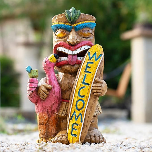 Solar Tiki Garden Statue Outdoor Decor with Flamingo Waterproof Welcome Sign for Tiki Bar, Patio, Balcony, Yard, Lawn, Front Door Decorations, Gardening Gift for Tiki Man