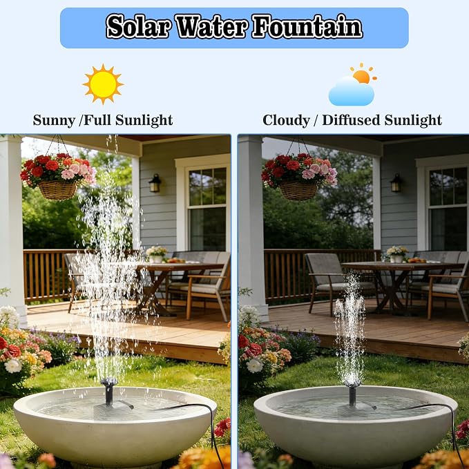 12W Solar Fountain Pump for Water Feature Outdoor DIY, Solar Water Fountain 132 GPH with 9.84FT Power Cable, 6 Spray Nozzles, 3.28FT DIY Tubing for Garden, Pond, Bird Bath