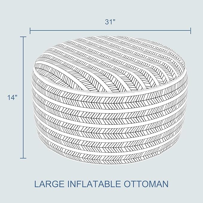LVTXIII Indoor/Outdoor Large Inflatable Ottoman Pouf D31 x H14 Inch, Round Footstool with Handle, Weather-Resistant Portable Furniture for Patio, Camping, Beach, Herringbone Black White