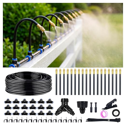 Thiswing 100FT 360° Adjustable Irrigation System for Garden – 1/4" Tubing with 18 Nozzles, Automatic Watering Misting System, Sprinkler for Garden, Raised Bed, Lawn, Plants