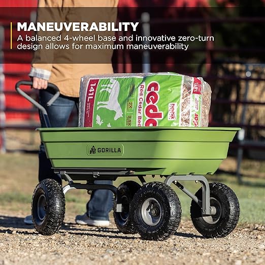 Gorilla Carts Poly Garden Dump Cart, 4 Cu Ft Tub, 600 lb Haul Capacity, Green – Heavy-Duty Utility Wagon with Quick-Release Dumping & Pneumatic Tires for Yard, Landscaping and Gardening