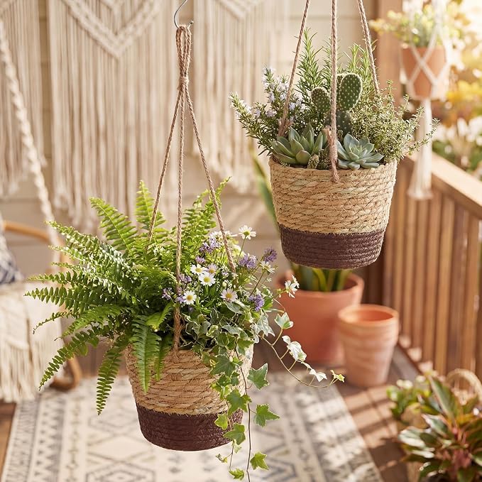 6 Pcs Seagrass Hanging Planter Basket Hand Woven Plant Basket with Plastic Liners Hanging Plant Holder Storage Containers with Cotton Rope for Indoor Garden Decor (Small,Brown,Coffee Brown)