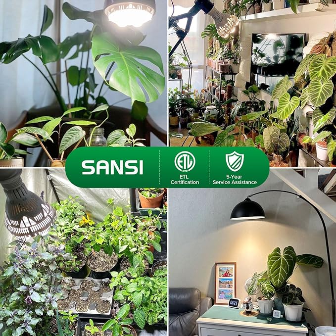SANSI Grow Lights for Indoor Plants, Full Spectrum 24W Grow Light Bulbs (300 Watt Equivalent) with Optical Lens for High PPFD, Natural Daylight Efficiency Plant Lights for Indoor Growing Seed Starting