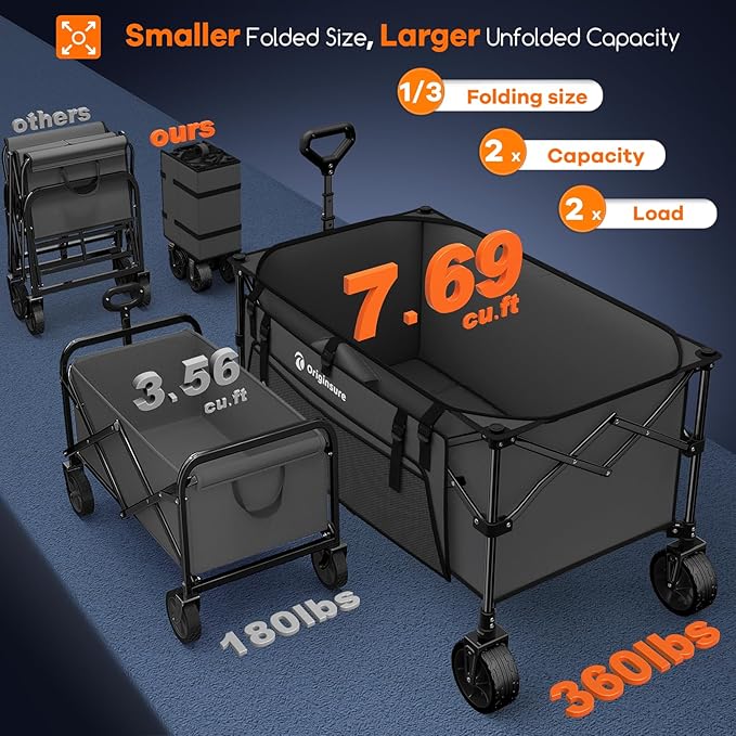 Originsure 220L Collapsible Wagon Cart Foldable, 38" L Extra Large Heavy Duty Folding Beach Wagons with All-Terrain Wheels, Utility Carts for Camping, Sports, Shopping, Groceries - Grey