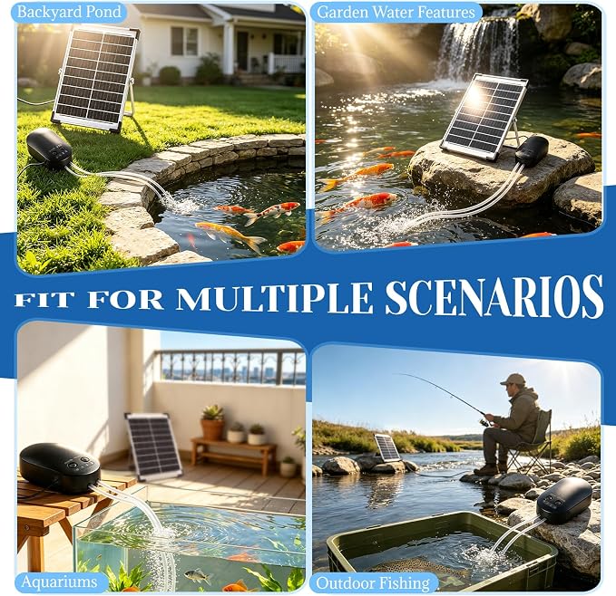 Yeomi 15W Solar Oxygen Pump, Solar Pond Aerator, Split Design Aquarium Oxygen Pump with Dual Air Ports, 22/55/110H Working Mode, Solar Aerator for Pond, Fish Tank, Aquarium, Hydroponics