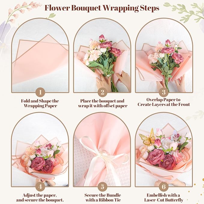 Ecoofor Flower Wrapping Paper Set, 80 Sheets Waterproof Translucent Gold Edge Floral Paper & Kraft Paper, 23 x 23 in & 23.6 x 23.6 in, with 3D Butterflies & 3 Colors Ribbons for Bouquets, Gifts & DIY Crafts