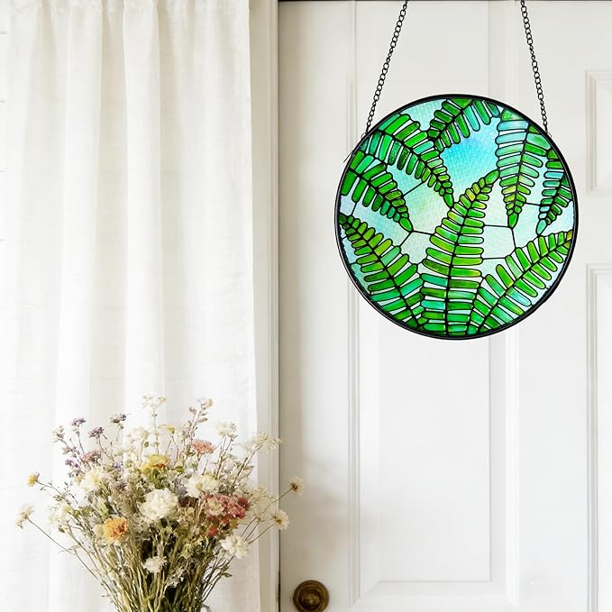 Plant Suncatcher Glass, Stained Glass Suncatcher Plant Window Hanging, Unique Nature Lover Gifts Leaf (Fern)
