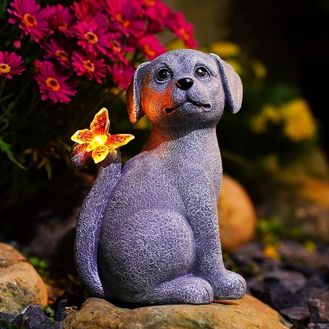 Nacome Solar Dog Outdoor Statues for Garden: Outside Decor with Butterfly Clearance for Yard Art Lawn Ornaments Patio Balcony Home House for Mom Grandma Women