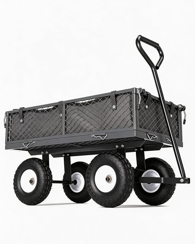 GarveeTech 400LBS Heavy Duty Steel Garden Cart, Garden Wagon Cart on Wheels, Metal Yard Utility Wagon with Removable Mesh Sides, 10" All Terrain Tires, 180° Rotating Handle for Lawn, Garden, Farm