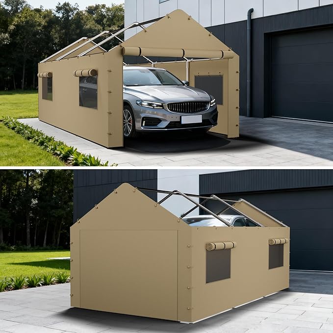 Carport Sidewall Panel with Mesh Windows and Elastic Ball Bungees, for 10x20 FT or 12x20 FT Garage Party Tent Shelter - Beige, One Sidewall Panel Only