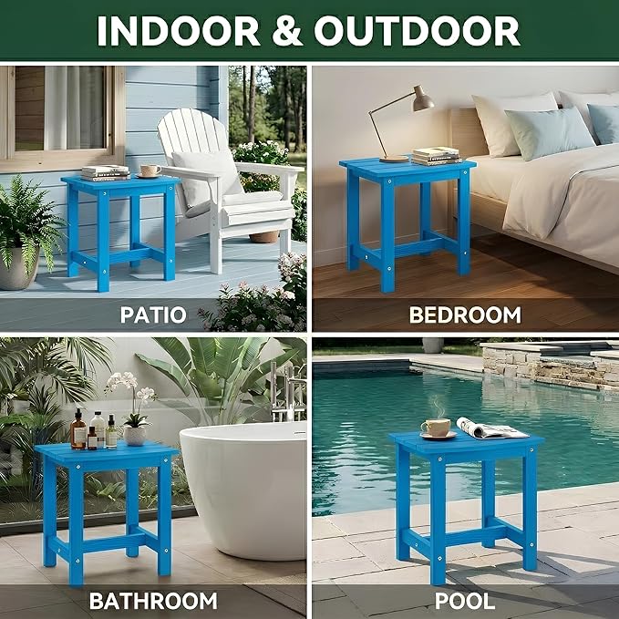 Y&M Outdoor Side Table, HIPS Adirondack Small Single Table, Waterproof Square Outside Table, Balcony Modern End Tables for Patio, Pool, Beach, Porch, Deck, Indoor or Outdoor Use, Bright Blue