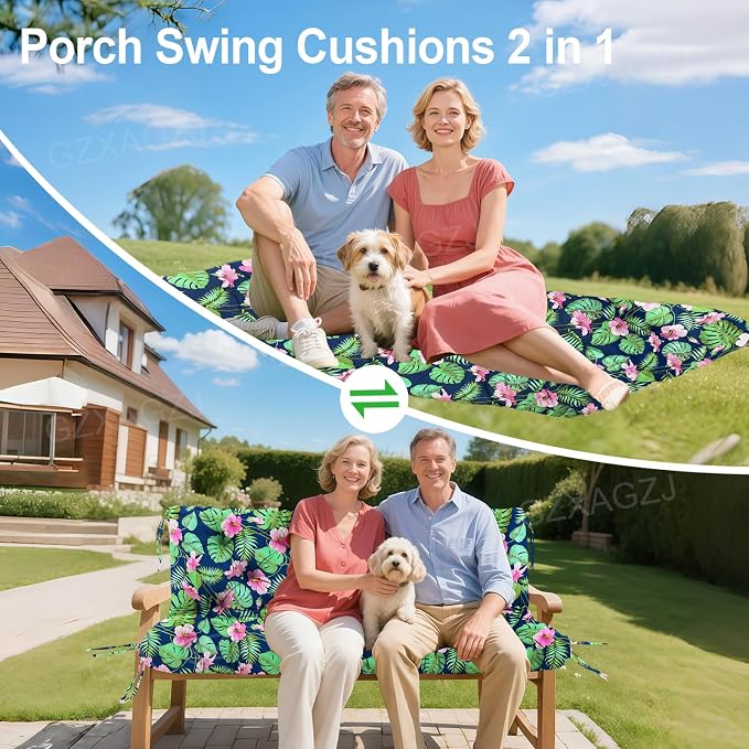 Porch Swing Cushions Outdoor 48 inch Waterproof Extra Thick 5" Swing Cushions Replacement with Backrest and Ties for Outdoor Furniture Porch Patio Garden Lawn (Rainforest Pattern)