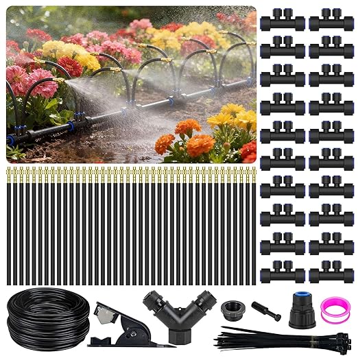 Drip Irrigation System 2 Ports - 360°Adjustable Garden Watering System 66FT with 40 Nozzles, Drip Irrigation Kit for Garden, Yard, Lawn, Greenhouse, Plants, 2/5 inch Hose
