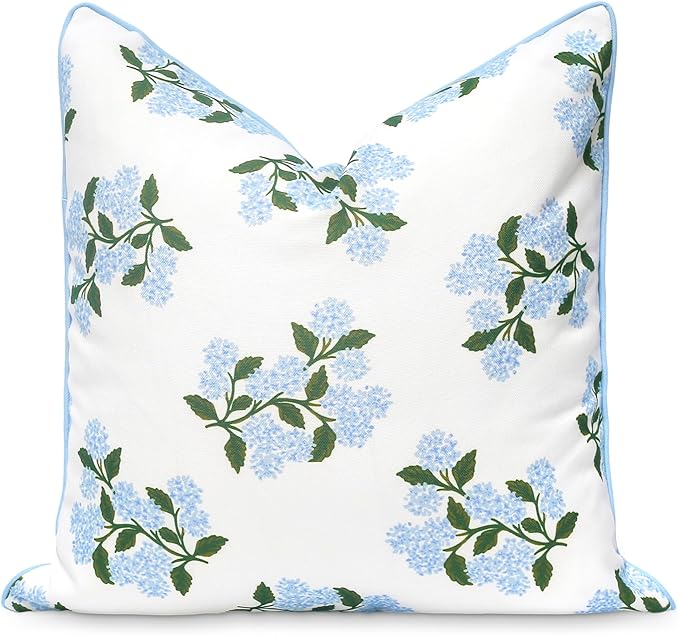 Hofdeco Premium Coastal Patio Indoor Outdoor Throw Pillow Cover Only, 20"x20" Water Repellent for Backyard, Couch, Baby Blue Print Hydrangea Flower