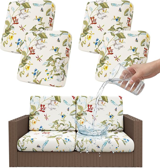 Smiry Waterproof Patio Cushion Covers, Stretch Outdoor Couch Slipcovers Replacement Washable Furniture Protector Sofa Chair Seat Cover for Dogs and Pets (4 Pcs, Beige and Green)