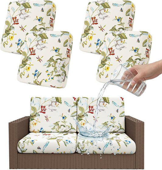 Smiry Waterproof Patio Cushion Covers, Stretch Outdoor Couch Slipcovers Replacement Washable Furniture Protector Sofa Chair Seat Cover for Dogs and Pets (4 Pcs, Beige and Green)