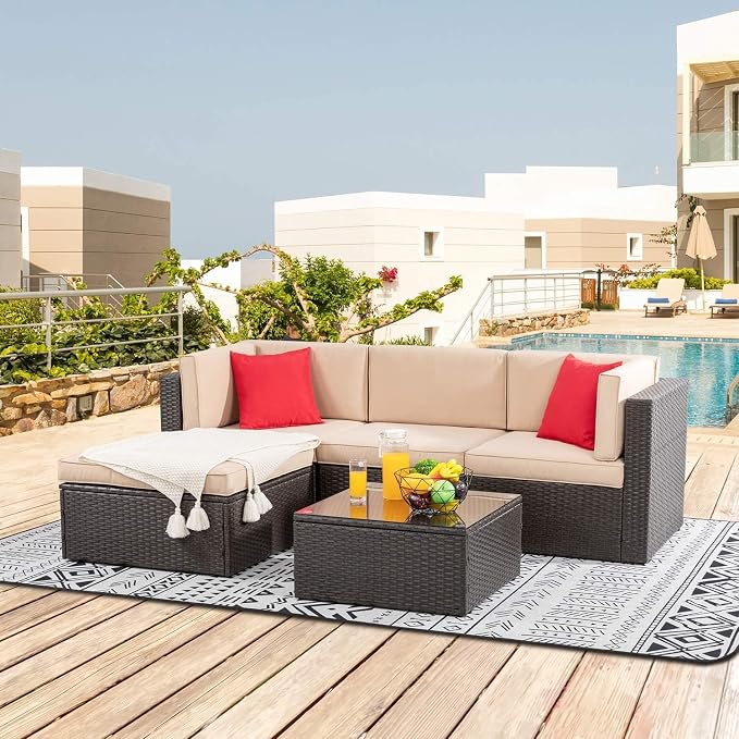 ClawsCover (No Stretchy) 9 Pack Patio Cushion Covers Set,Outdoor Furniture Cushion and Pillow Slipcovers Replacement,Fit for 5 Pieces 4-Seater Wicker Sectional Sofa Chair Couch Set,Khaki-Covers Only