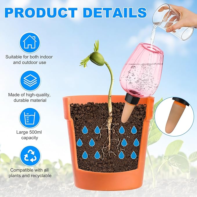 M METERXITY 3-Pack Plant Self Watering Globes, 5.1 oz Plastic Rose Water Bulbs Top Fill for Indoor/Outdoor Plants, Self Watering Spikes Slow Release Terracotta [Pink]