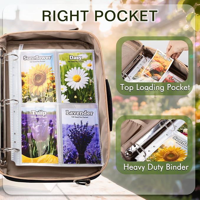 Seed Storage Organizer Binder with 20 PCS Reusable Seed Envelopes - 30 Pack Sheet Protectors Holds 120 Packets Envelopes, Black