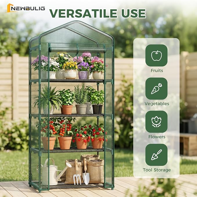 NEWBULIG Mini Greenhouse with Durable PE Cover Roll-up Zipper Door 4 Tier, 27"×19"×63" Small Greenhouse for Outdoors Indoor Balcony, Porch, Garden, Patio, Backyard Green Houses, Green