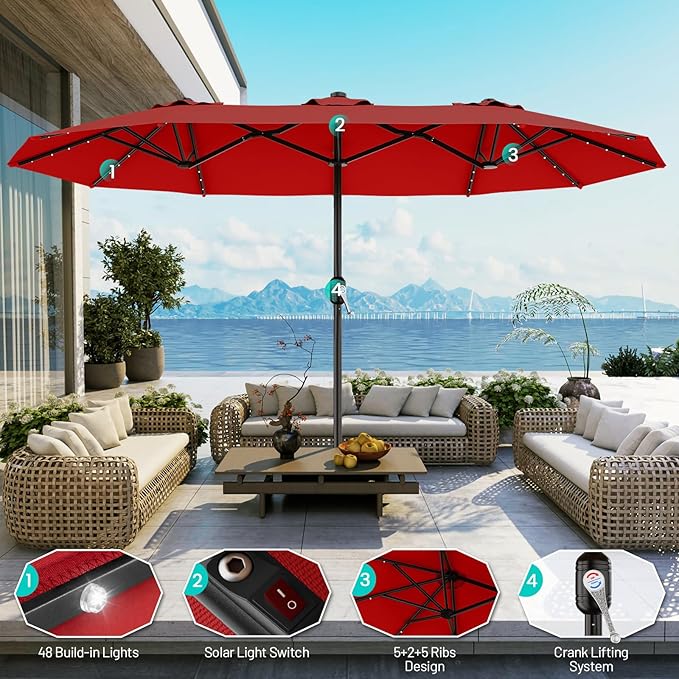 AreShark 15FT Patio Umbrella with Solar Lights, Double Sided Outdoor Table Umbrellas with Crank, Large Rectangular Market Umbrella for Porch, Lawn, Pool, Backyard, Red