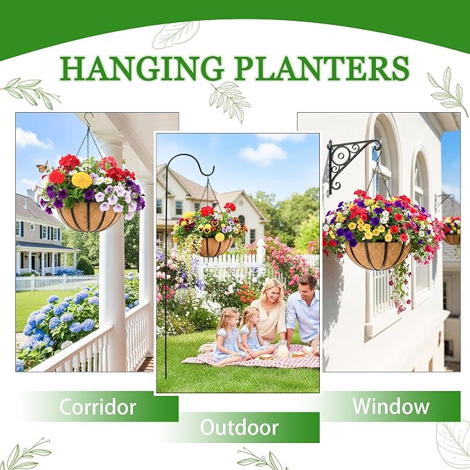 Hanging Planters for Outdoor Plants 4 Pack 12 inch Metal Hanging Flower Basket with Coco Coir Liner Wire Plant Holder Watering Flower Baskets Pot Hanger Garden Decoration for Indoor Outdoor(DQL)