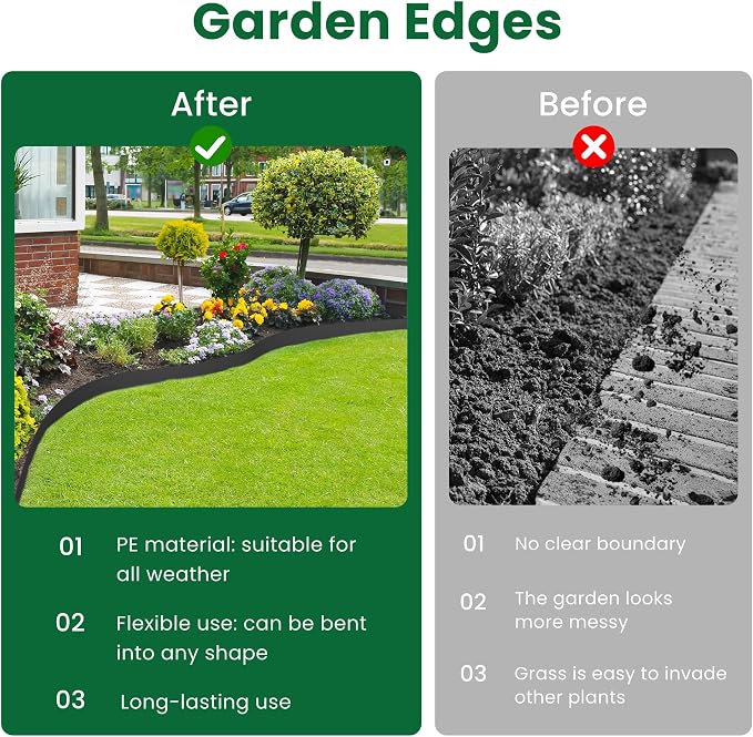 40 Ft Landscape Edging, Garden Edging with 36 Pcs Spikes, 4 in Tall Plastic Edging for Landscaping, No Dig Garden Border Edging, Landscaping Edging Border for Flowerbed Lawn Yard Grass, Black