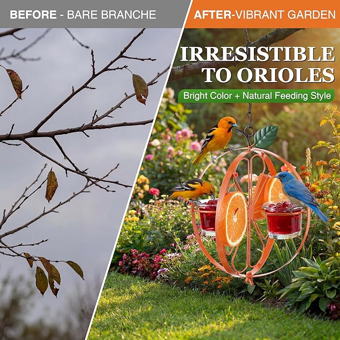 Oriole Feeder with Jelly Cups and Orange Holders, Oriole Bird Feeder for Outdoors Hanging, Foldable Orange-Shaped Jelly Feeders with Glass Bowls for Grape Fruit(2 Pack)