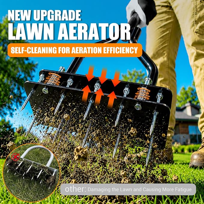 Lawn Aerator Tools, 3 Height Manual Yard Aerator with Self-Cleaning Design | Heavy Duty Adjustable Lawn Air Aerator Tool with 15 Long Iron Spikes, for Lawn Care, Hard Soil Loosening and Yard Aerating