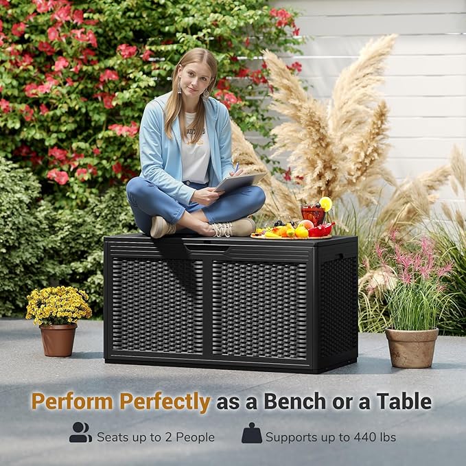 Moccha 100-Gallon Outdoor Storage Box - Waterproof Resin Deck Box with Lockable Lid & Wheels, Faux Rattan Outdoor Storage Bench for Pool Accessories, Garden Tool, Patio Furniture Cushion (Black)
