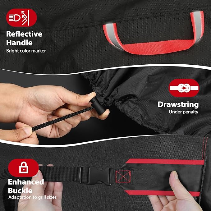 TOPCROWN Grill Cover for Outdoor Grill, BBQ Gas Grill Waterproof Anti-UV Oxford Fabric Windproof Design with Adjustable Straps, Fits Weber/Char-Broil/Nexgrill and More (420D Black+Red, 53" - 58")