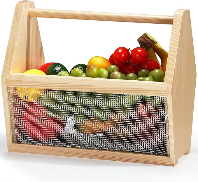 Colingmill Garden Harvest Basket Large Vegetable Garden Harvesting Basket Veggie 12 x 10 x 7.5 Inch Mesh Gardening Hod with Wood Handle for Flower Fruit Gathering Supply Gift for Mom Women Gardener
