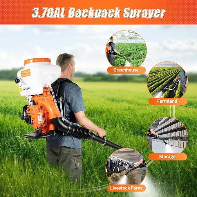41.5cc Gas Powered Sprayer,3.7 Gallon Backpack Fogger Sprayer, Backpack Turbo Pump Mist Duster, Vibration-Damping Harness Leaf Blower with ‌Baffle Marks for Lawn, Gardening & Farming