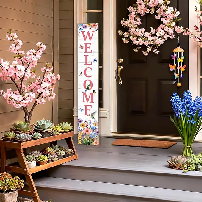 Hummingbird Welcome Sign for Front Door, Summer Porch Sign Tulip Flowers Outdoor Yard Sign Seasonal Tall Floral Welcome Porch Sign Wildflowers Wood Door Sign for Garden Patio Wall Home Decor