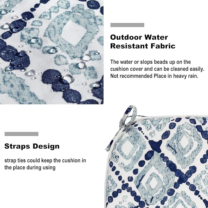 DYTXIII Set of 4 Outdoor Chair Cushions with Ties,Water Repellent Patio Chair Pads 17"x 16" for Outdoor Furniture,Round Corner Seat Cushions for Garden Yard Kitchen Boho Geometry Blue