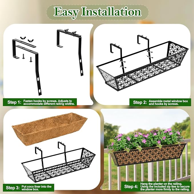 SPECILITE 30" Window Boxes Planters, Heavy Duty Metal Railing Planter Boxes, Adjustable Balcony Planters for Railing Hanging, with Coco Liner & Tool Set for Deck, Porch, and Patio Gardening (4 Pack)